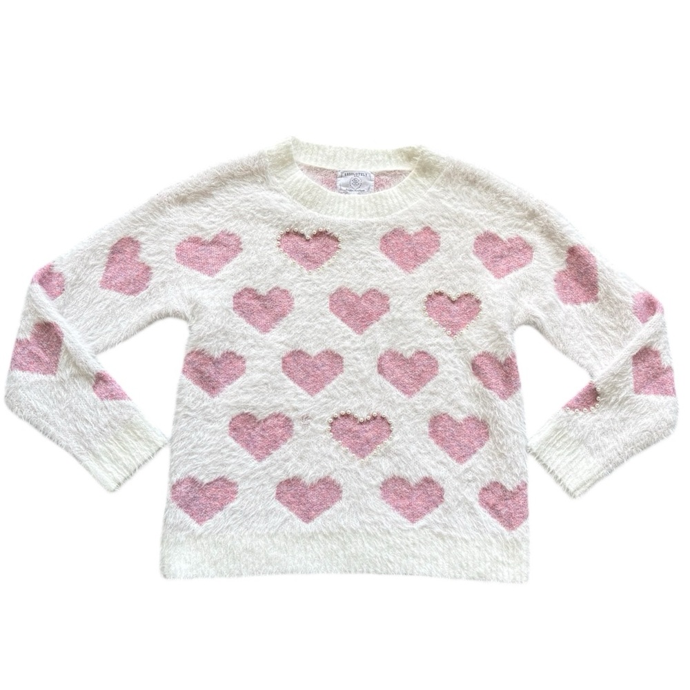 NWT Absolutely Small Fuzzy Crew Neck Pink and White Heart Sweater With Pearls - Picture 2 of 7